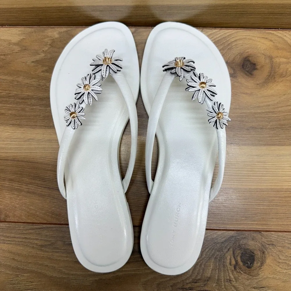 Tory Burch Flower Applique Flip Flops Womens 7 Cream White Leather Thong Preppy